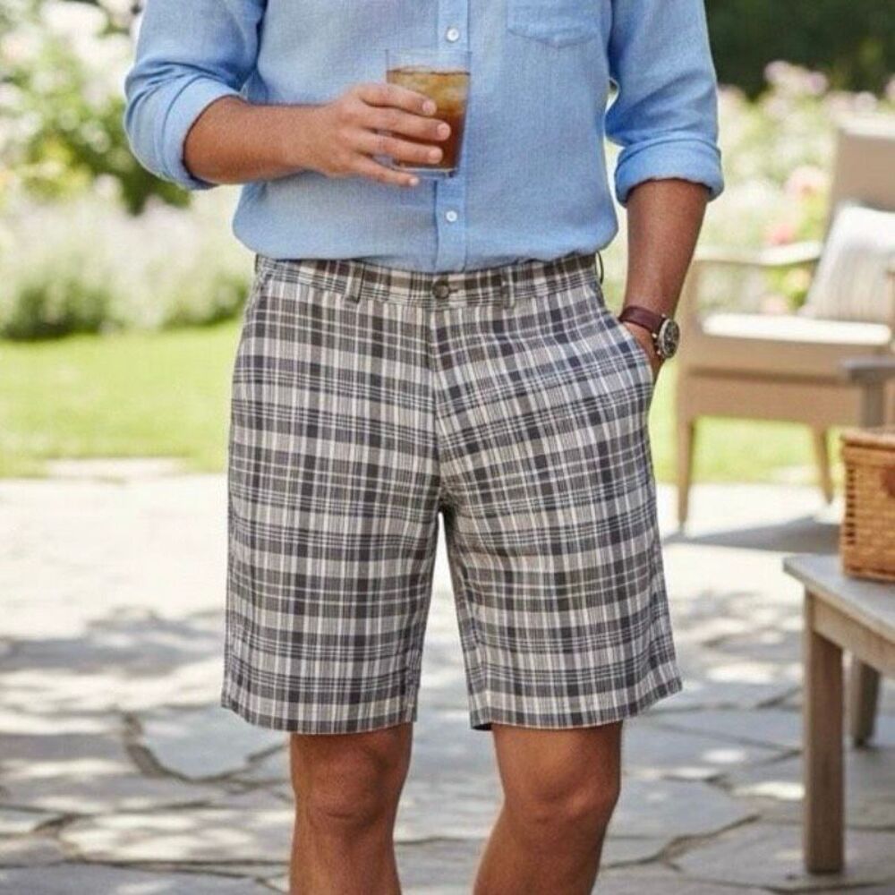 Covington 100% Cotton Brown Blue Flat Front Bermuda Shorts Sz 38
